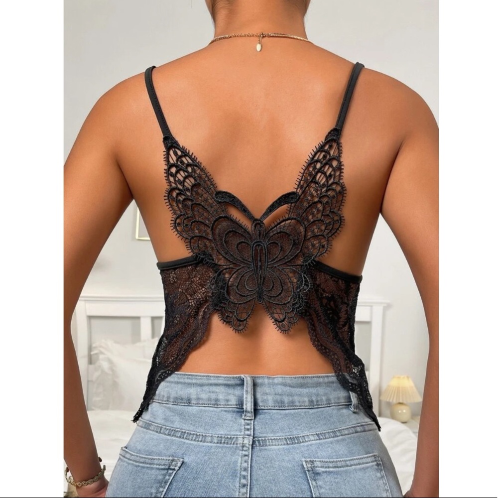 Butterfly Back Black Lace Cami Top - Picture 2 of 7